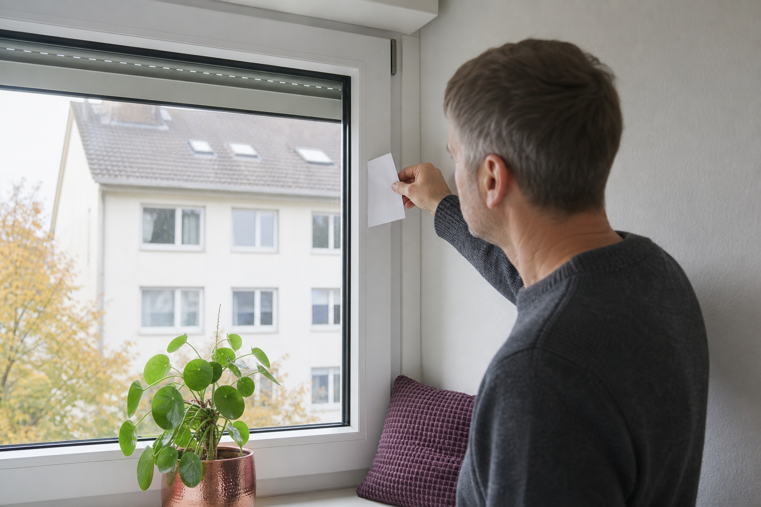 Ein Bewohner prüft die Dichtung eines Wohnungsfensters mit einem Blatt Papier